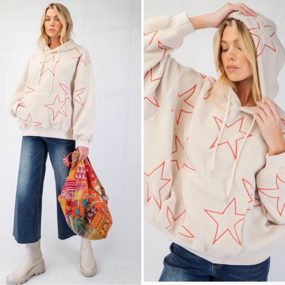 EASEL SHERPA STARFISH EMBROIDERY DETAILING TEDDY HOODIE